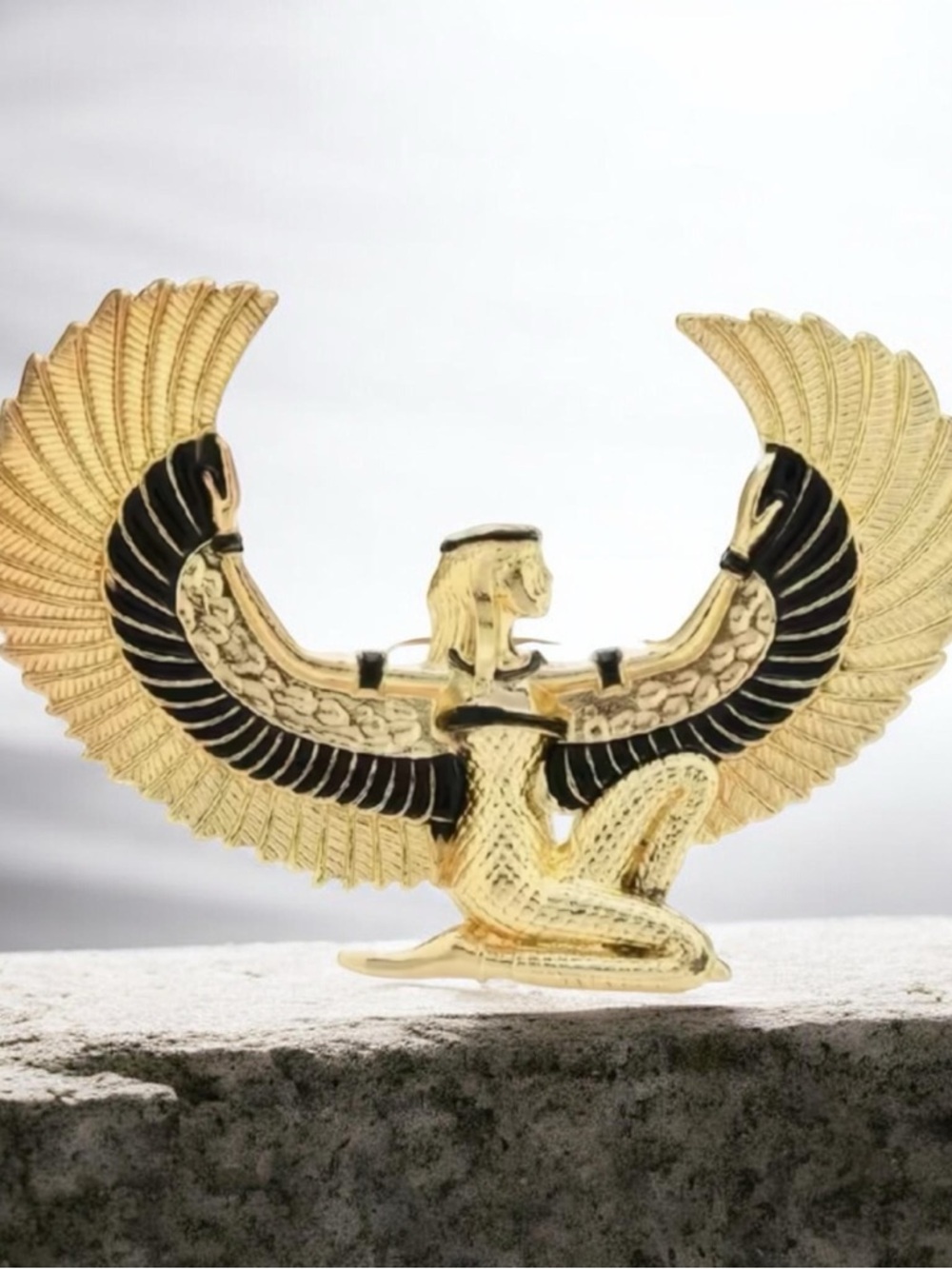 Vintage inspired Egyptian Goddess Winged Isis Brooch Gold Enamel Statement Pin